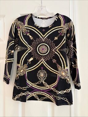 Women's Black Long-Sleeve Top with Gold & Purple Baroque Print by J McLaughlin